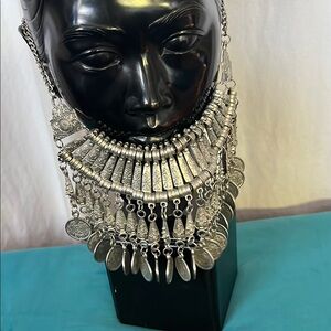 Elegant Silver tone  Necklace bohemian ethnic bib coin chest statement piece